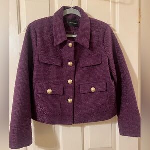 NWOT Dolce Cabo Deep Purple Boucle Cropped Blazer with Gold Buttons Size Small